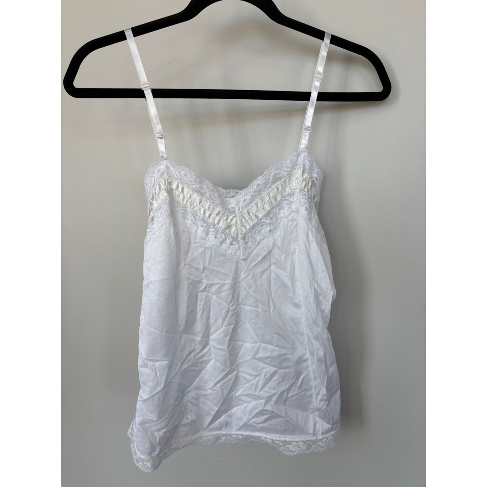 Vintage White Lace Trim Camisole Silky Spaghetti Strap Tank Top Coquette